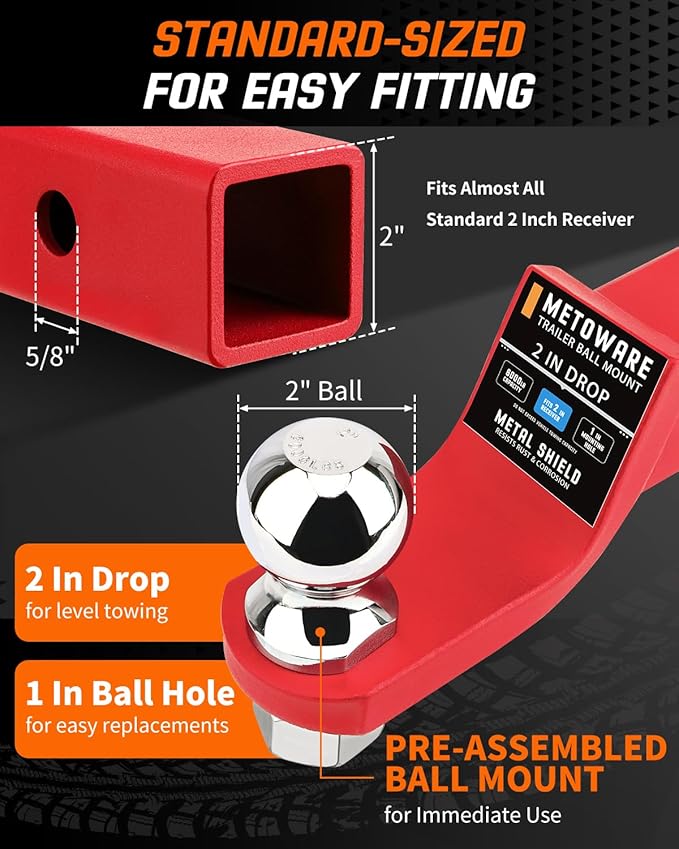 METOWARE Trailer Hitch Ball Mount, 2" Drop Hitch with 2" Ball, 6,000 lbs GTW Fits 2" Receiver for Truck SUV Boat RV, Solid Steel Towing Kit with Hitch Pin & Clip, Matte Victory Red