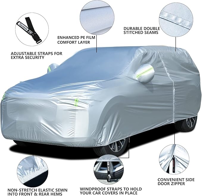 Tecoom Light Shell SUV Cover Waterproof UV-Proof Windproof, All Weather Indoor Outdoor with Zipper Design, Fit 206–215 Inches Full-Size SUV
