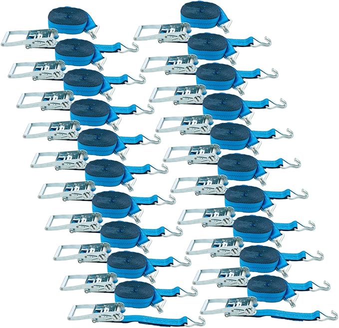 Mytee Products 20 Pack 2 inch x30 ft Heavy Duty Ratchet Straps with Double J Hooks - 10,000 Lbs Breaking Strength Blue Tie Down Straps w/Wire Hooks for Industrial Use, Trailers, Truck Cargo