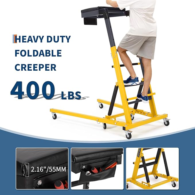 Topside Automotive Creeper,Engine with Adjustable Height 48"-66", 400 Lbs Heavy-Duty Foldable Garage Creepers, 6 Swivel Casters, Padded Deck, Tool Pouch, for Truck/SUV Garage Mainten