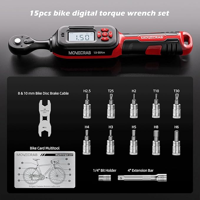 Bike Digital Torque Wrench 1/4" Drive 15-Piece Kit | 1.5-30 N.m / 1-22 Ft.lb Torque Range for MTB & Cycling Maintenance