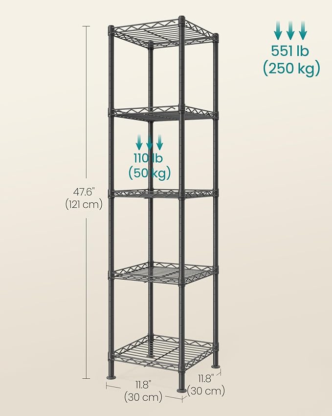SONGMICS Storage Shelf, Small Metal Wire Shelving Unit, Adjustable Shelves, for Small Spaces, Garage, Bedroom, Living Room, Kitchen, Pantry, 5 Tier, 11.8 x 11.8 x 47.6 Inches, Ink Black ULGR123BH01