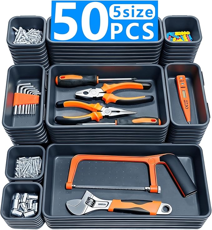 [50PCS IN 5 SIZE] Tool Box Organizer Tray, Toolbox Organizers, Tool Desk Drawer Organizer, Tool Organizers and Storage for Rolling Tool Chest Cart Cabinet Workbench Drill Bit Parts