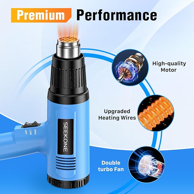 SEEKONE Heat Gun, 1800W Heavy Duty Hot Air Gun Kit Dual-temperature Setting 572℉&1112℉, Hot Heat Gun with Overheat Protection, 4 Nozzles Included, for Shrinking PVC, Stripping Paint, Crafts (5.2ft)