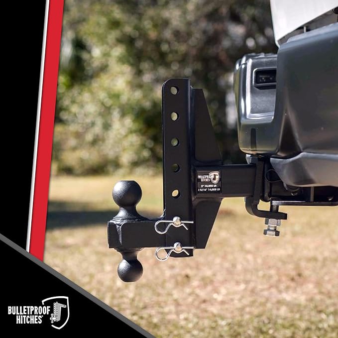 BulletProof Hitches - 2.5" Adjustable Medium Duty Trailer Hitch (14,000 lb. Rating) - Offset 4" and 6" Drop/Rise Trailer Hitch with 2" & 2-5/16" Dual Ball - Powder Coat, Box Steel, Corrosion-Resistant