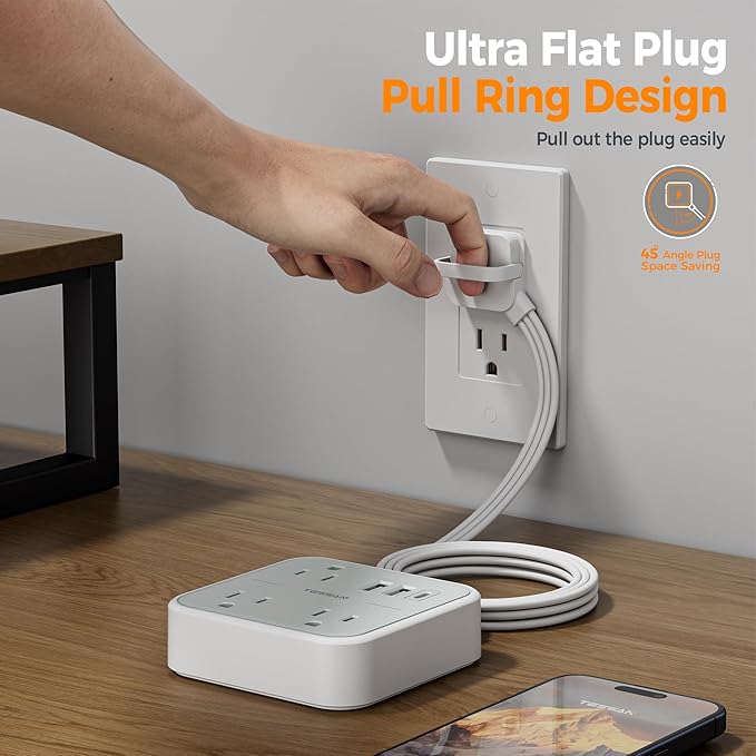 TESSAN Ultra Thin Flat Extension Cord 5 FT, Slim Power Strip with USB Ports (1 USB C), Non Surge Protector Flat Plug Wall Charger with 3 Outlets for Office, School, Cruise Essentials, Grey