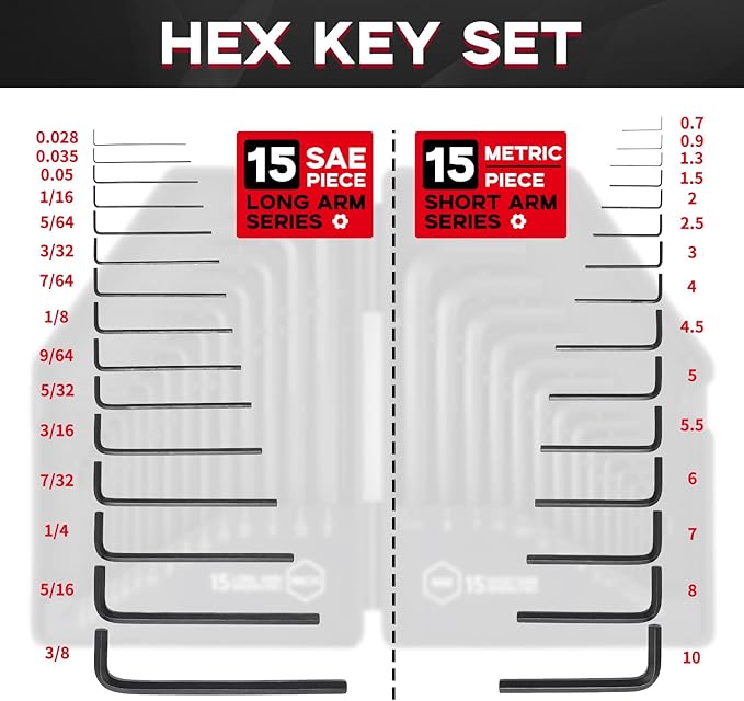 30 PCS Hex Head Key Allen Wrench Tool Set Organizer Kit Alloy Steel L Shape Black Metric (0.7-10 mm) SAE (0.028"-3/8") Standard In Storage Case Long Short Arm