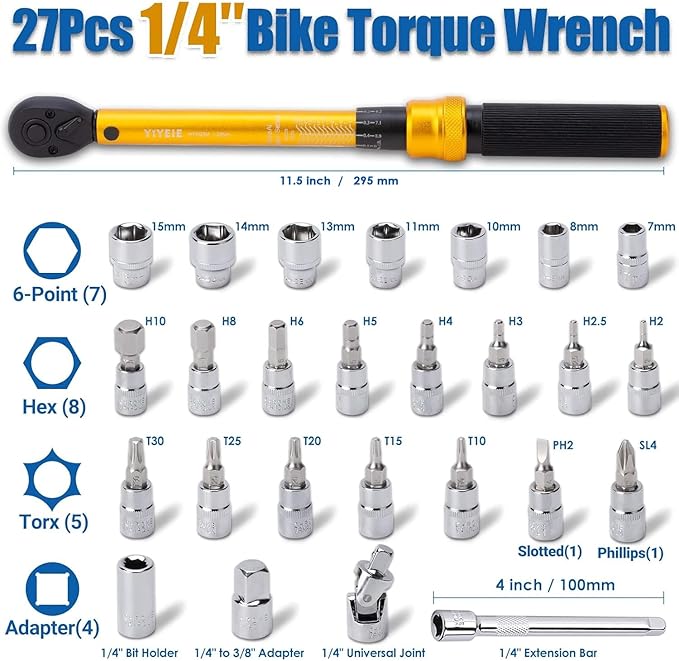 1/4 Inch Drive Bike Torque Wrench, 1-25 Nm (10-222.5 in.lb), 27 PCS Click Bicycle Torque Wrench with Bit Sockets, 0.1 Nm Micro, 72-Tooth Ratchet, 3/8 Adapter, for MTB, E-Bike, Motorcycle