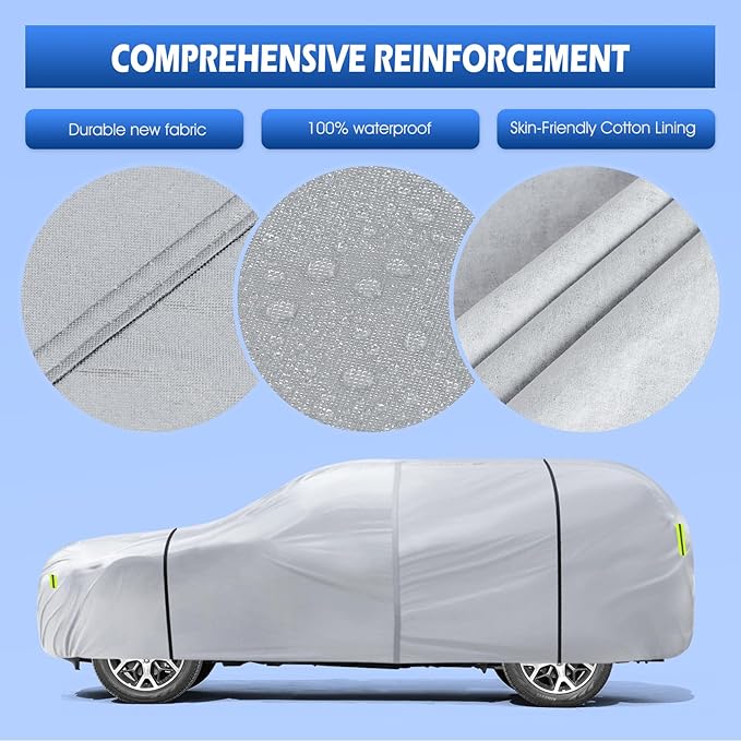Car Cover Waterproof All Weather for Automobiles, SUV Cover Size A7 Universal Fit for Toyota Highlander, Honda Pilot, Nissan Pathfinder/Murano, BMW X5(191-201 inch), Silver