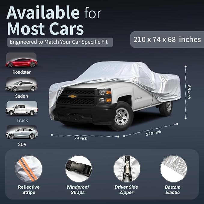 Car Cover Waterproof All-Weather,Heavy-Duty Outdoor Full Exterior Automobiles Snow Cover for Truck up to 210 inch,with Sun Visor,Anti-Scratch Cotton Lining & Zippered,Towel&Storage Bag