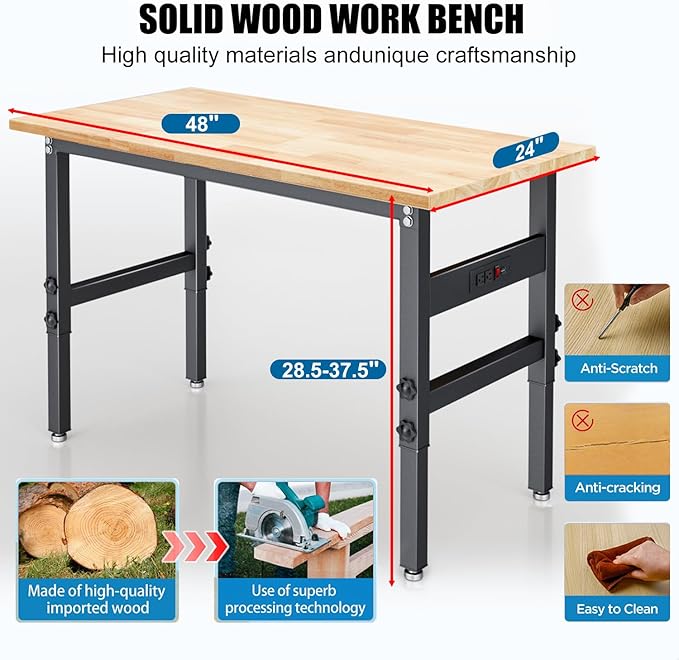 48" Workbench Desk with Power Outlets, Adjustable Height Rubber Wood Top Heavy-Duty Work Table, 2000 LBS Load Capacity Work Station for Garage, Workshop, Office, Home