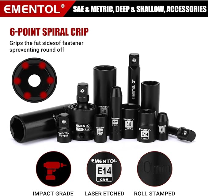 EMENTOL 189-Piece Impact Socket Set, 1/4" & 3/8" Drive Metric and SAE Sizes, CR-V Steel, Includes Deep & Shallow Sockets, Ratchets, Bits, Extensions, Spark Plug Socket & More, with Plastic Tool Case