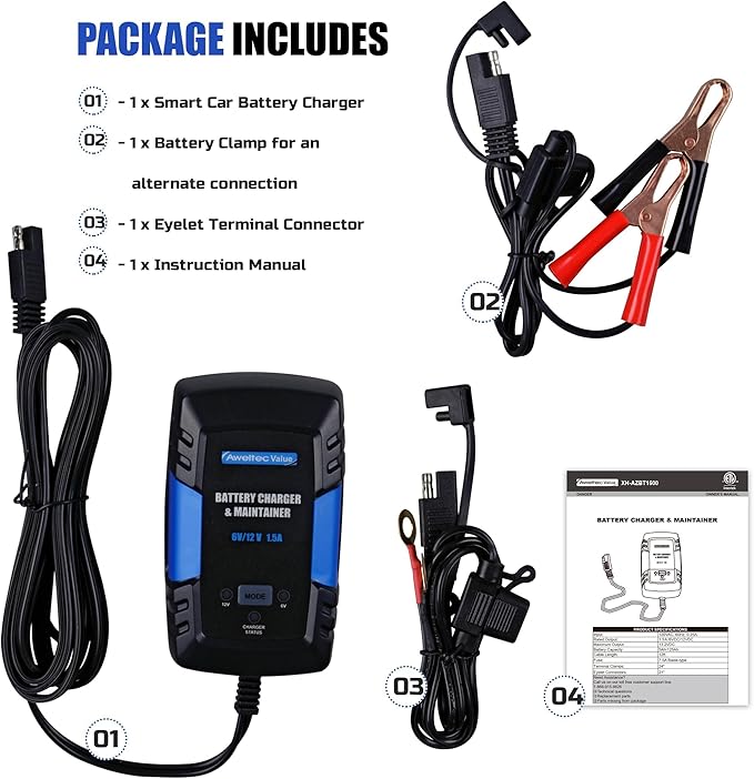 Smart Car Battery Charger,1.5A 6V/12V Automotive Trickle Charger,Tender,Maintainer with Memory Function,LED Light,12FT Cables for Vehicle Lead-Acid & Lithium Batteries