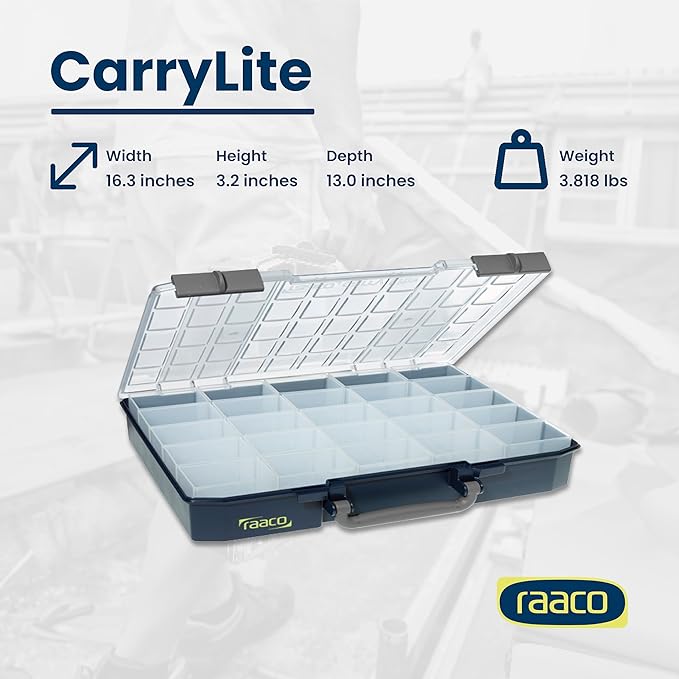 Raaco CarryLite Deep Small Parts Organizer Box – 3.2 Inch Height – 25 Inserts – Anti-Mix U-Profile Lid for Screws, Bolts & Nuts – Secure Sliding Lock – Portable Hardware & Tool Storage (CarryLite 80)