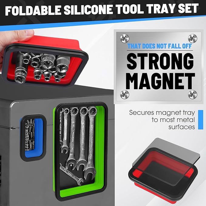 Collapsible Magnetic Parts Tray Set - 3 Different Size Tool Trays for Screw, Bolts, Nuts, Washers, Pins and Other Small Metal Parts, Mechanic Tool Gifts for Men - Red Blue Green
