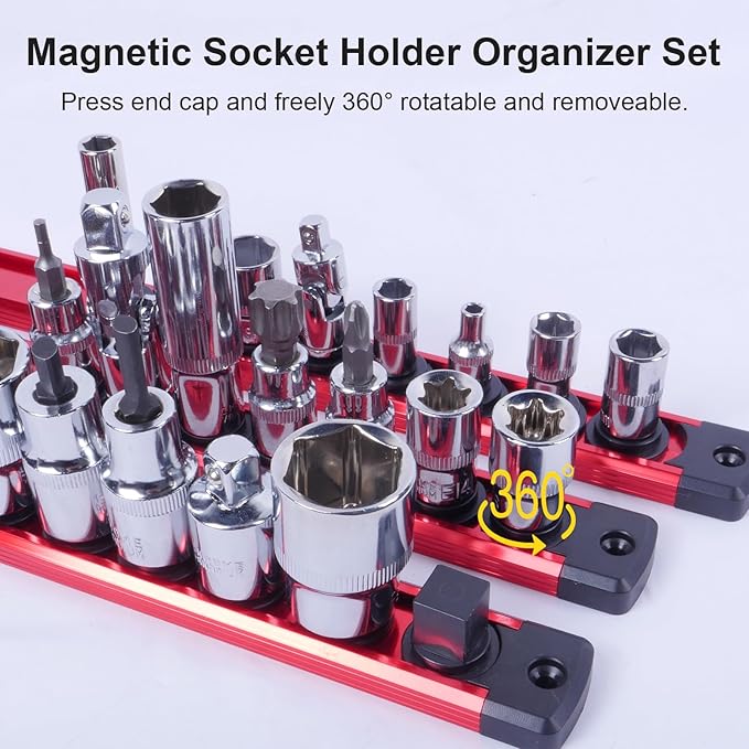 Magnetic Socket Holder Organizer Set:1/4-Inch Drive Socket Trays Socket, 360° Swivel 14 Clips Socket Holder Kit, For Automotive Mechanic Garage (Red)