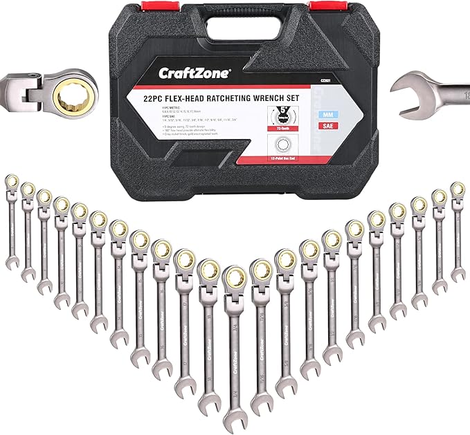 Ratcheting Combination Wrench Set, SAE & Metric With Color Ring, 14pc/7pc/10pc/5pc, 3/8" To 3/4"; 8mm To 18mm, With Organizer Rack, 12-Point, 72 Teeth (22PC SAE & METRIC)