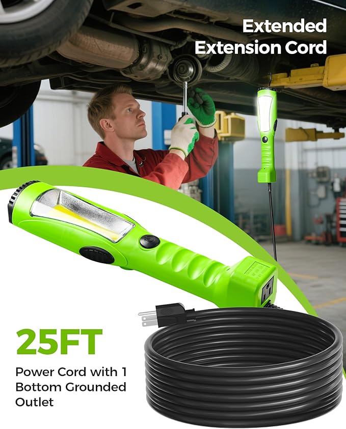 18W LED Work Light, 25FT 2000LM COB LED Light, Handheld Underhood Trouble Light with Cord 16 Gauge SJTW, Swivel Hook, for Garage, Workshop, Car Repair Scene, ETL Listed, Green J04WL06