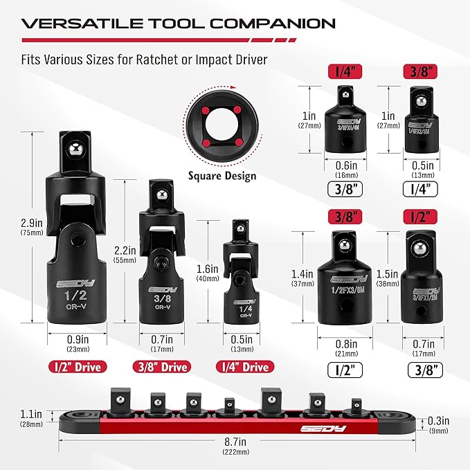 Universal Joint Socket Reducer: 7-Piece Impact Wobble U Joint & Adapter Set with Magnetic Aluminum Storage Rail - Premium Cr-V Steel 1/4", 3/8" & 1/2" Drive