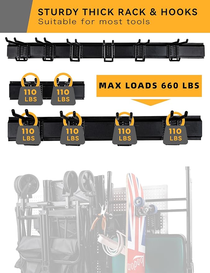 48 Inches Garden Tool Organizer Wall Mount Max Load 660lbs Garage Storage and Organization, with 13 PCS Adjustable Garden Tool Hanger Rack, Yard Shed and Power Tool Organizer Rack