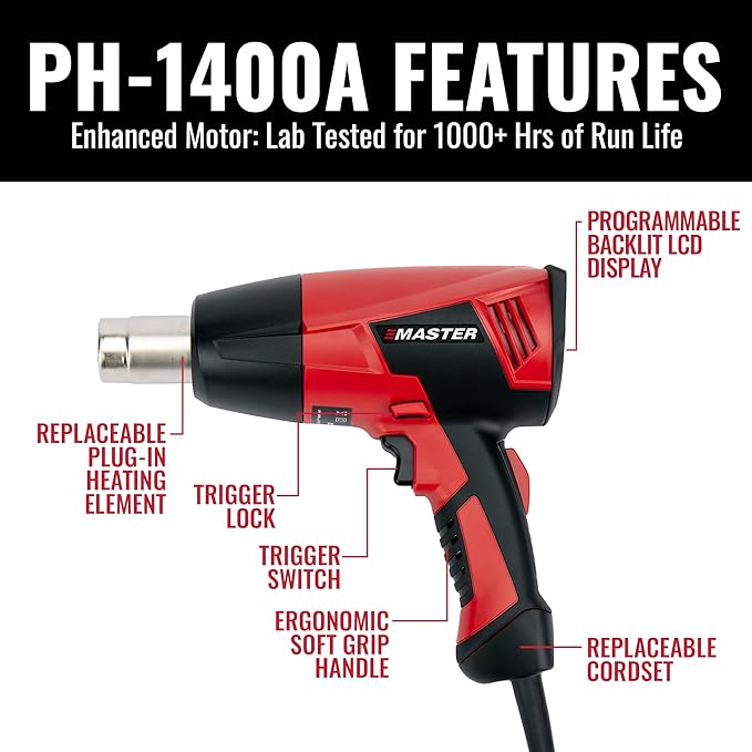 Master Appliance Proheat PH-1400A Professional Heat Gun - Programmable Backlit LCD Display, Quick Change Heating Element, 1560W, 13A, 120V, Engineered in the USA