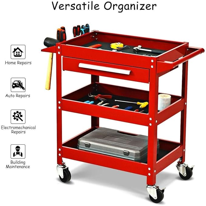 ERGOMASTER Metal Service Utility Cart with Wheels - 500LBS Tool Cart Heavy Duty Rolling 3-Tier Storage Organizer, for Garage Industrial Cart (Red)