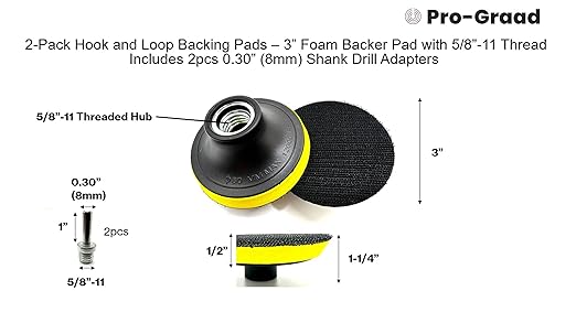 2 Pack 3" Hook and Loop Backing Pads Foam Backer Pad with 5/8”-11 – 3 inch Backup Pads for use with Angle Grinder or Drill Sanding Polishing Discs – Includes 2pcs 0.30” (8mm) Shank Adapters