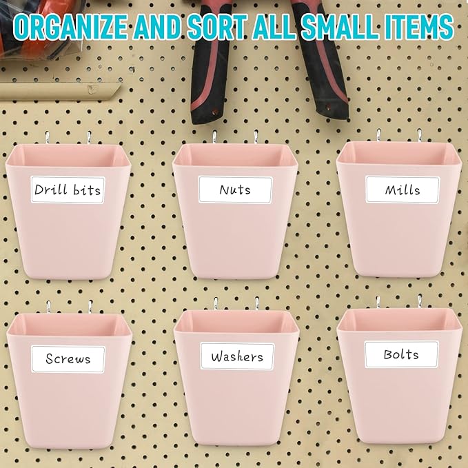 G.CORE Large Pegboard Cups Peg Board Storage Bin 6 Pack with Hooks, Square Box Shape Pegboard Cup Holder Accessories for Garage Workbench/Craft Room/Office/Playroom/Home Kitchen Organization (Pink)