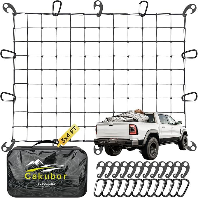 Heavy Duty 3'x4' Cargo Net - Stretches to 8'x10', 24 Clips, for Pickup Truck Bed, SUV, Trailer & Boat - Universal Fit for Ford, Chevy, Dodge Ram, Toyota
