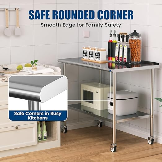 Stainless Steel Work Table with Wheels, 30x60 Inch NSF Food Prep Table with Backsplash & Adjustable Undershelf for Commercial Kitchen, Restaurant, Garage