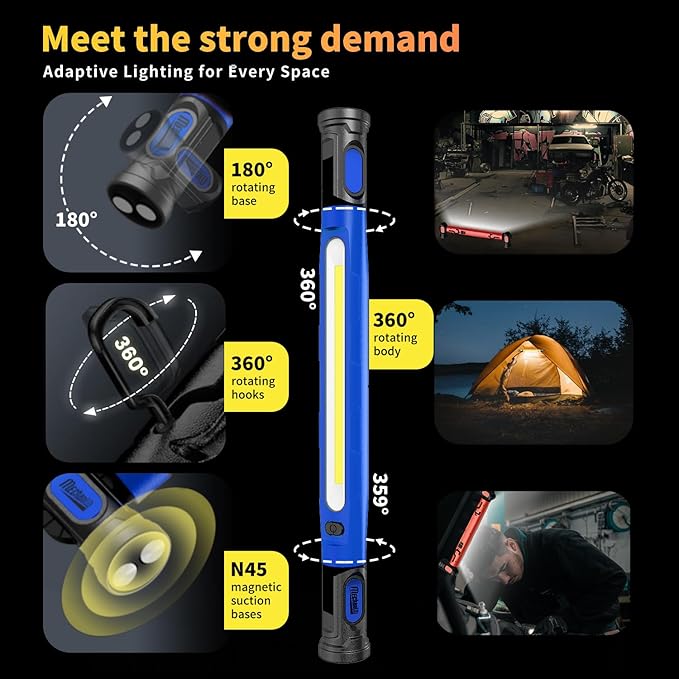 2Pack MechaniLite Under Hood Work Light Bar, 3000LM LED Magnetic Light Bar with Hooks, 5200mAh Cordless Rechargeable Hood Light for Mechanic/Car Repairing/Garage-Blue