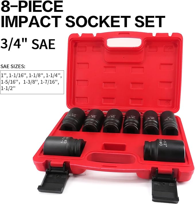 3/4 Inch Drive Deep Impact Socket Set,6-Point,SAE(1"to 1-1/2"),8 Pcs,Cr-Mo.Heavy Duty Impact Socket Set.