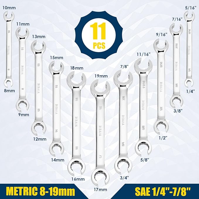 12-Point Flare Nut Wrench Set Metric & SAE, 8mm-19mm & 1/4"-7/8", 11PCS Offset Line Wrench Set for Brake, Fuel and Tubing, CR-V Steel, Double Open End with Organizer Pouch for Removing Nuts