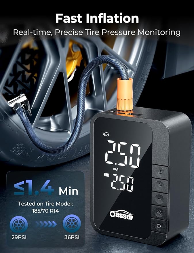Oasser Tire Inflator Portable Air Compressor with Digital Dual Values Display 6000mAh 150PSI Type-C USB Charging&30cm Hose & Storage Bag Air Pump for Car Tires Mini Bike Pump for Auto Motor Bike Ball
