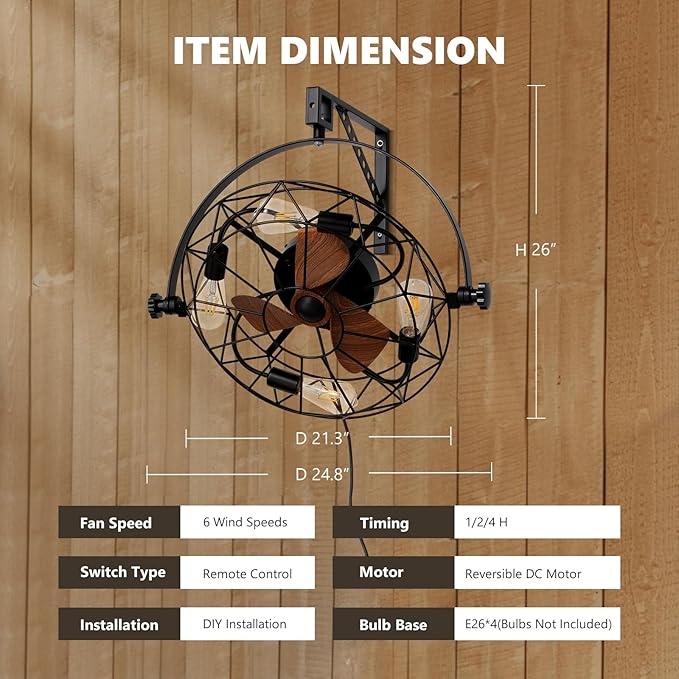21" Fansconce, 360° Adjustable Tilt and Plug in Wall Mounted Fan, Garage Ceiling Fan with Lights and Remote, Reversible 6-Speed Timming Wall Fan for Residential, Greenhouse, Patio, Commercial etc