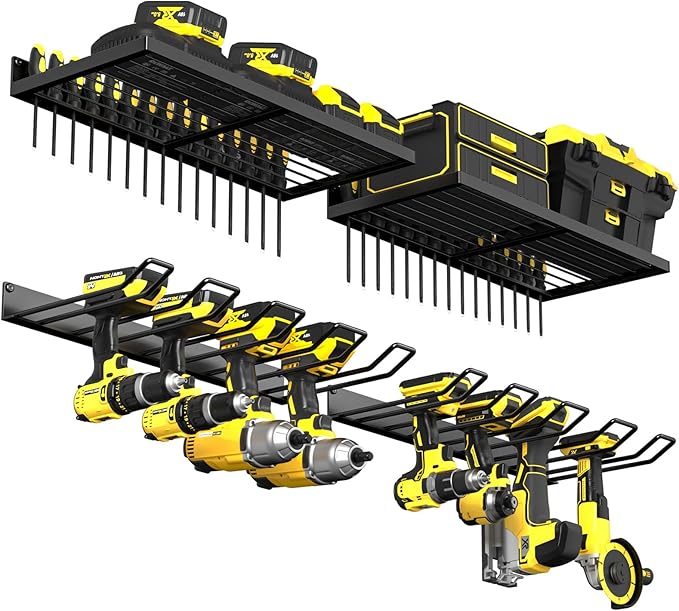 MOOMSINE Power Tool Organizer Wall Mount, Heavy Duty Tool Organizers and Storage, Cordless Drill Holder and Battery Shelf, Metal Storage Rack for Garage Organization (Drill 2 racks & 2 shelves)