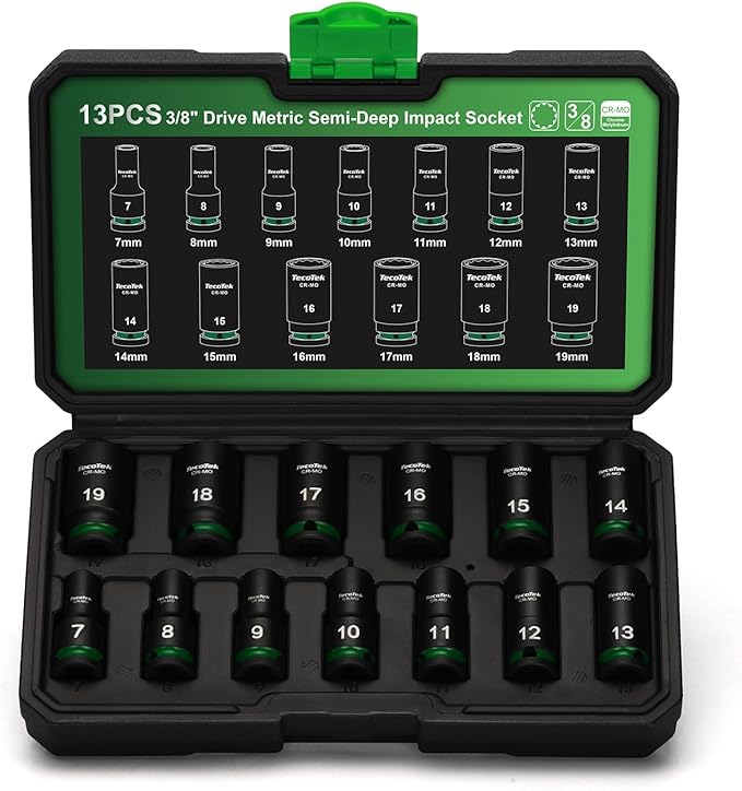 3/8-Inch Drive 12-Point Metric Semi-Deep Impact Socket Set, Mid-Length Socket Set, 7mm to 19mm, CR-MO, Stamped and Ink Filled Size Marking, 13-Piece