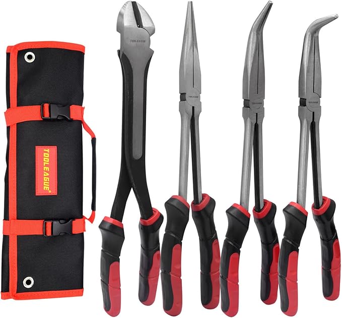 TOOLEAGUE 4Pcs Extra Long Needle Nose Pliers Set,11" Long Reach Straight,45/90 Degree Bent Nose,Diagonal Pliers Craft Repairing Tool