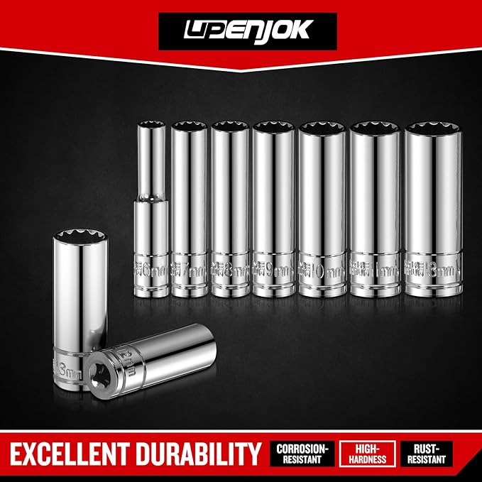 1/4 Inch Drive 12-Point Metric Socket Set, 8-Piece Deep Well Socket Set, CR-V Steel Tool Set, Sizes(6mm, 7mm, 8mm, 9mm, 10mm, 11mm, 12mm, 13mm)