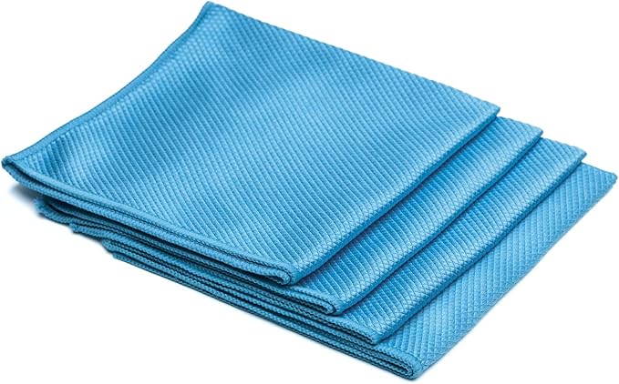 Crystal Clear Diamond Weave Glass & Chrome Microfiber Towels 12-Pack | 300 GSM 16x16 | Streak-Free Final Finish for Windows, Mirrors & Polished Surfaces (Blue)