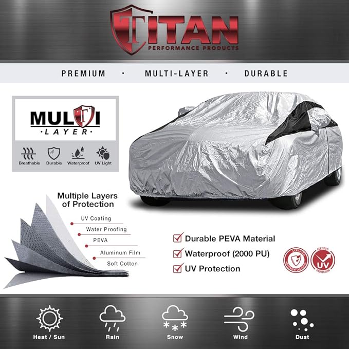Titan Premium Multi-Layer PEVA Car Cover for Sedans 186-202". Waterproof, UV Protection, Anti-Scratch Protective Lining, Driver-Side Zippered Opening. Fits Camry, Accord and More.