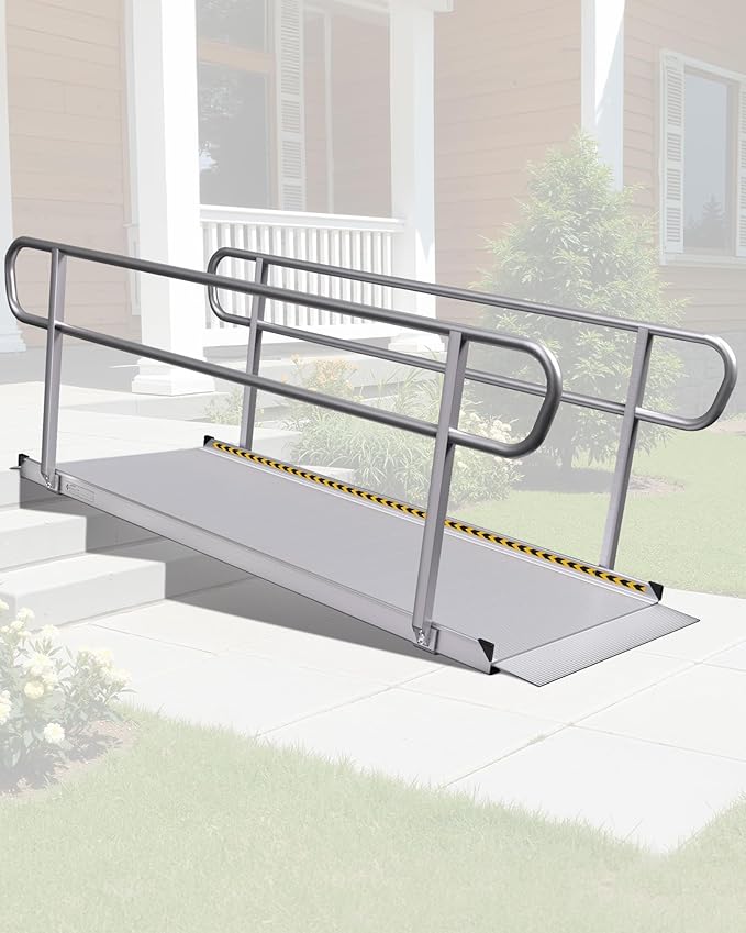 8FT Wheelchair Ramp with Handrails, 1600 lbs Capacity Heavy Duty Aluminum Ramps for Home Steps and Doorways, Fixed Threshold Solution for Wheelchairs Scooters Walkers, Easy Single-Person Use