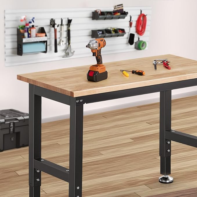 ENJOYWOOD Work Bench 41 Inch Workbench for Garage Adjustable Height Heavy Duty Work Table Rubberwood Tabletop for Cutting Wood Shop Home Office Electronic Woodworking