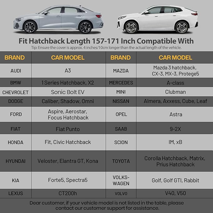Favoto Hatchback Car Cover Waterproof All Weather for Automobiles Compatible with VW Golf, Ford Fiesta, Honda Fit, Outdoor Sun Rain Protection Car Tarp Universal Fit for Hatchback (157-171 inch)