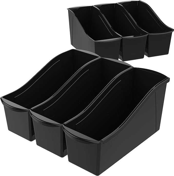 Storex Large Book Bin - Interlocking Plastic Organizer for Home, Office, and Work Space - Black, 6-Pack (70109C06C)