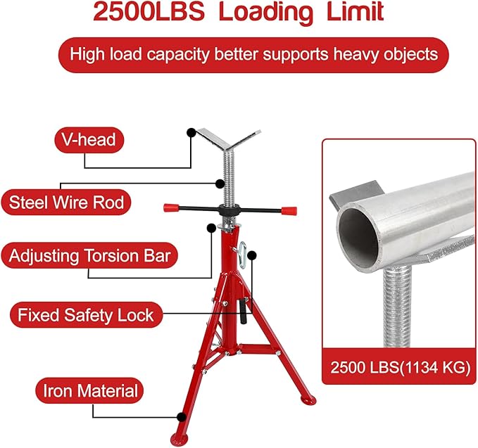 BLACKHORSE-RACING V Head Pipe Stand, 28"-52" Adjustable Height, 2500 LB Maximum Weight Limit, 1/2"-12" Pipe Support, Steel Folding Portable Pipe Stand Jack