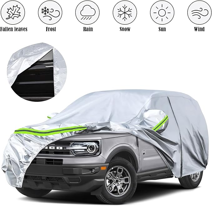 Waterproof Car Covers Replace for 2021-2025 Ford Bronco Sport, 6 Layers Silver All Weather Car Cover with Zipper Door & Windproof Bands for Snow Rain Dust Hail Protection