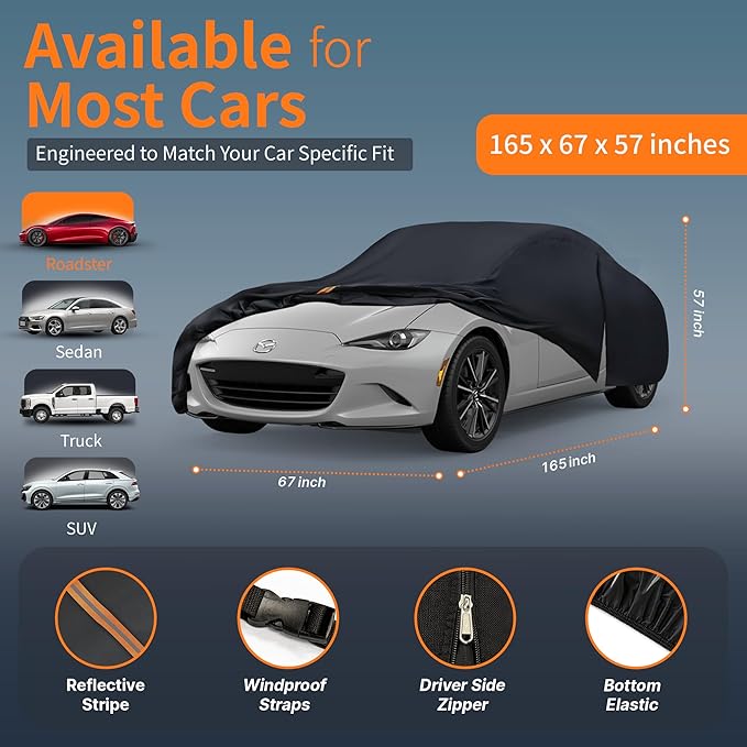 Waterproof Car Cover All-Weather, Heavy-Duty Outdoor Full Exterior Automobiles Snow Cover for Sedan up to 165 inch with Sun Visor,Zippered & Storage Bag - Black