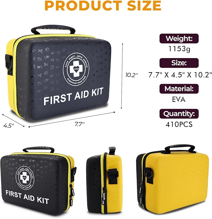 Emergency First Aid Kit 410 PCS – Hard Shell Dual-Color Survival Kit with Glow Interior for Home, Car, Camping & Outdoors