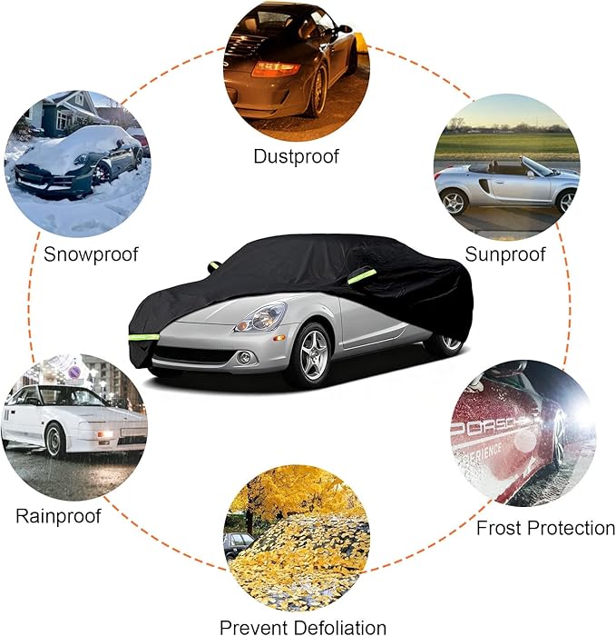 Waterproof Car Covers Compatible with 1984-2007 Toyota MR2, 6 Layers All Weather Car Cover with Zipper Door & Windproof Bands for Snow Rain Dust Hail Protection
